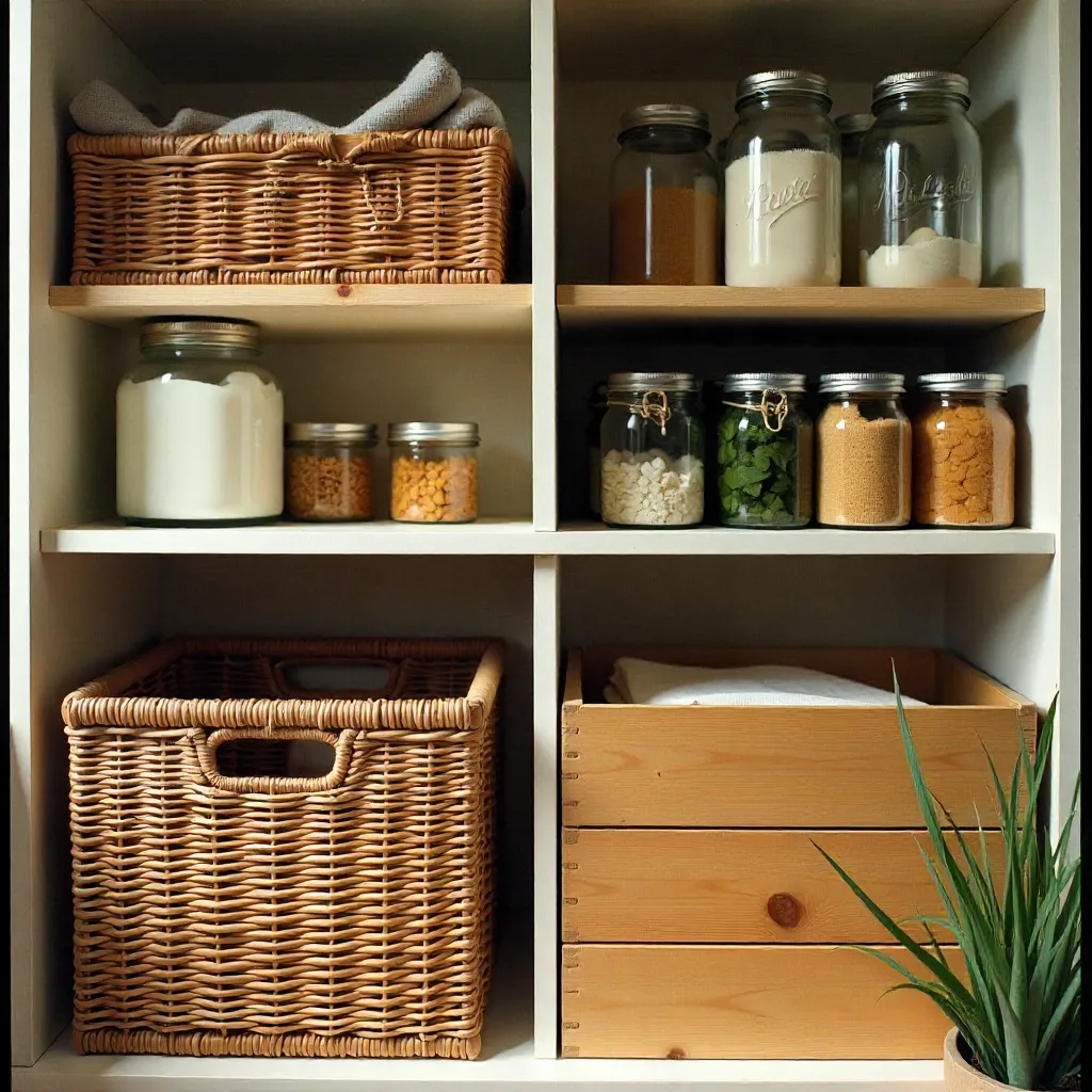 Natural storage containers with wood and glass materials