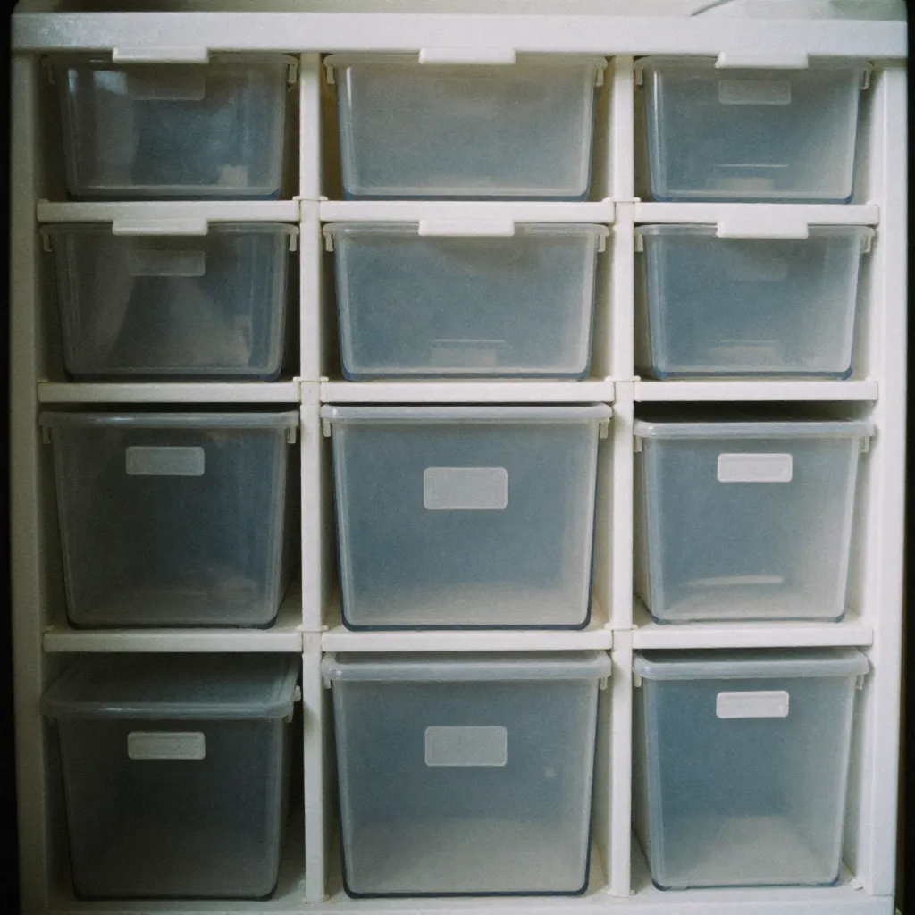 Wooden and glass storage containers organized on shelf